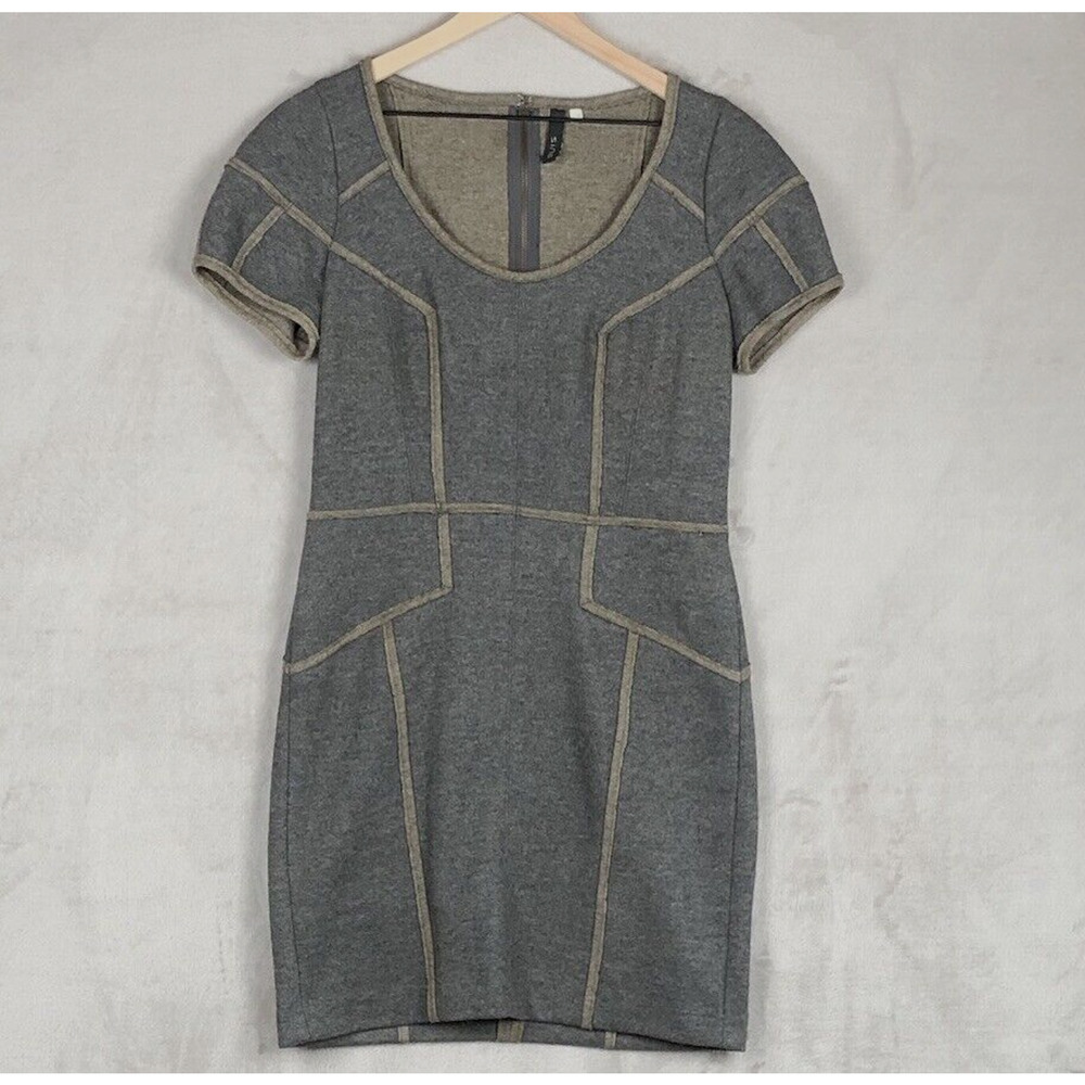 ANTHROPOLOGIE SINE Wool Blend‎ Dress Sz 8 Gray Beige Raw Edges Patchwork S/S